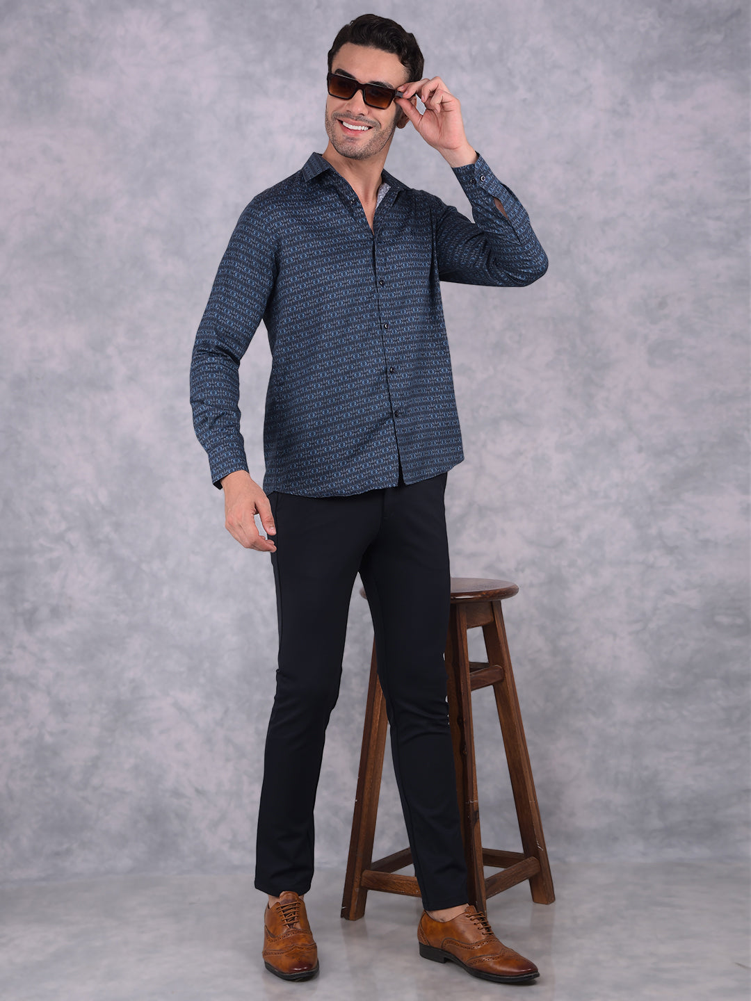 Navy Blue Printed Shirt-Men Shirts-Crimsoune Club