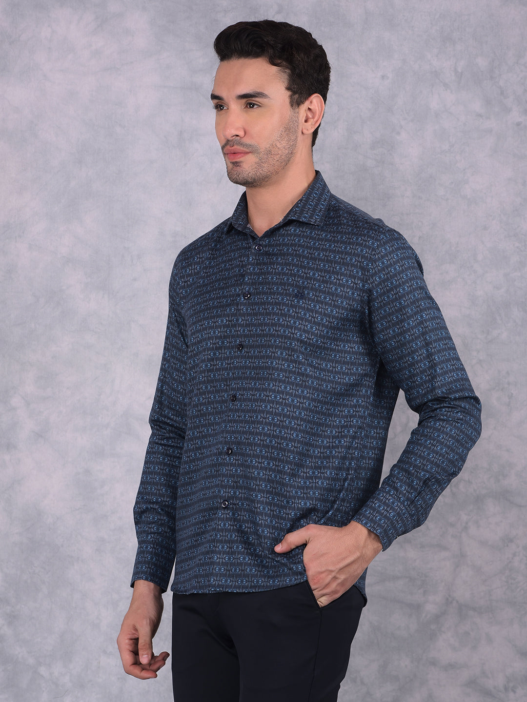 Navy Blue Printed Shirt-Men Shirts-Crimsoune Club