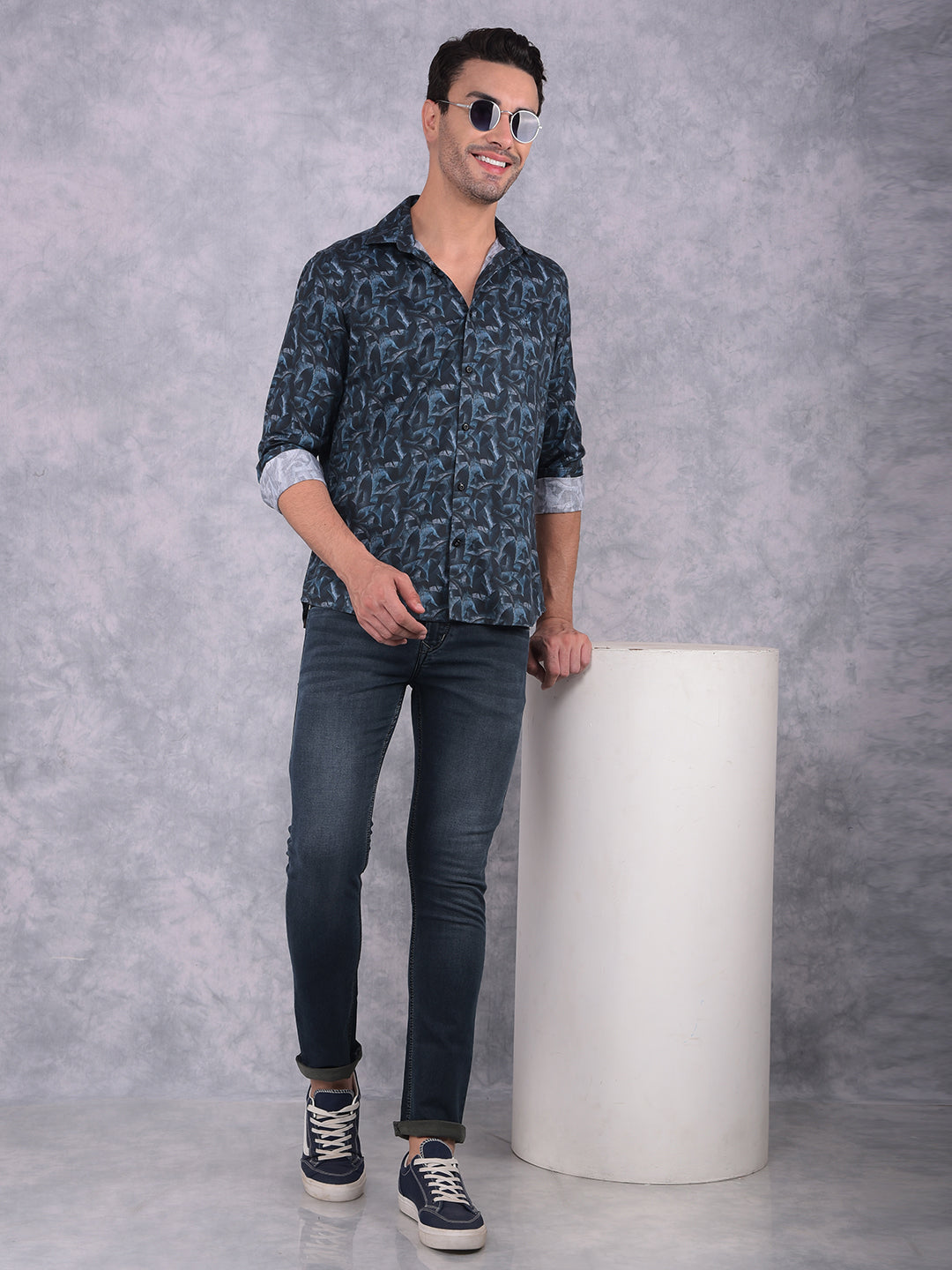 Navy Blue Floral Print Shirt-Men Shirts-Crimsoune Club