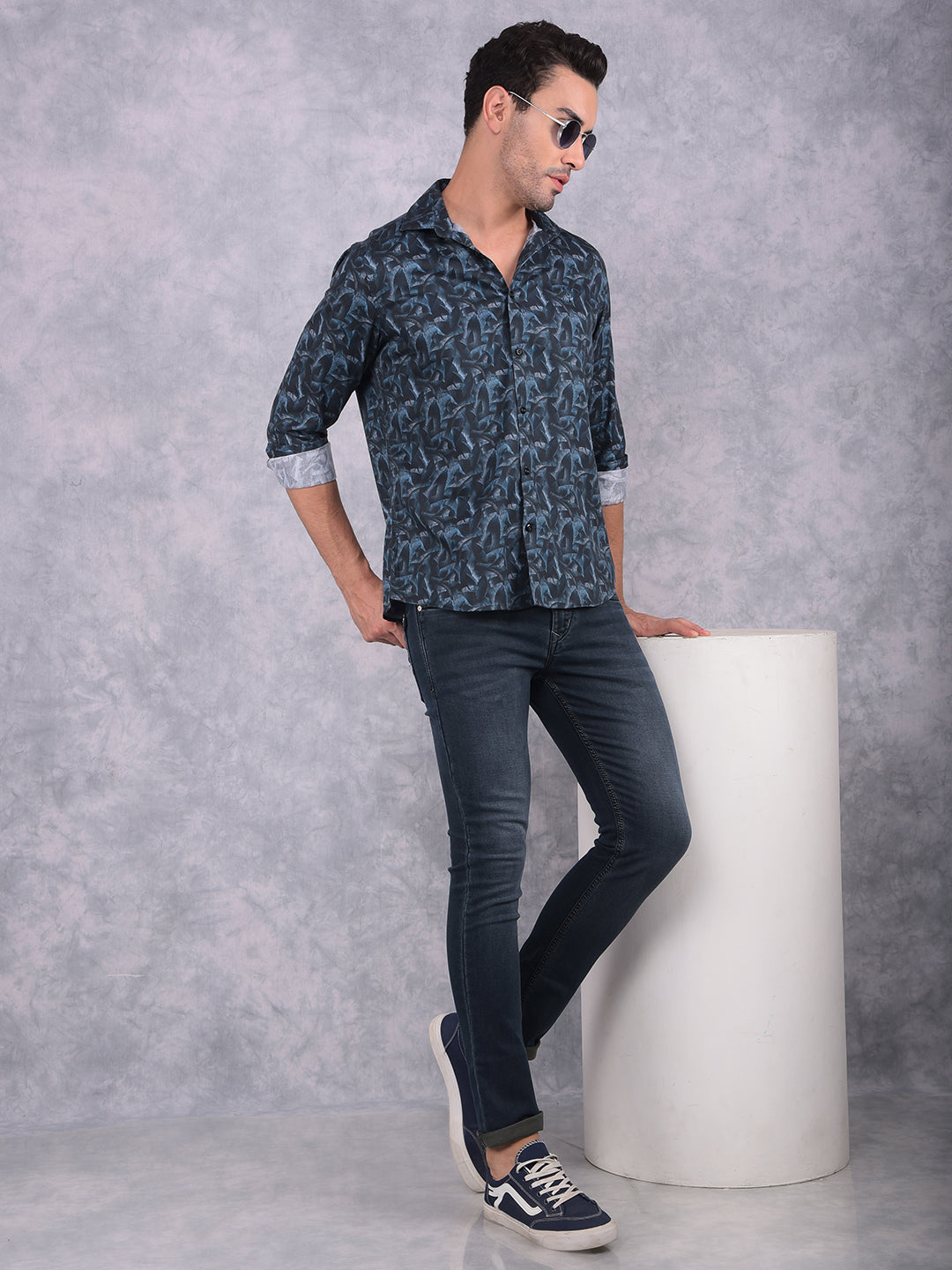Navy Blue Floral Print Shirt-Men Shirts-Crimsoune Club