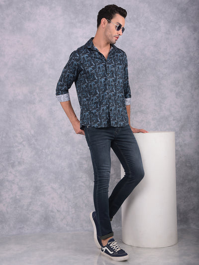 Navy Blue Floral Print Shirt-Men Shirts-Crimsoune Club