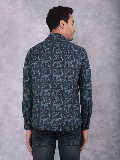 Navy Blue Floral Print Shirt-Men Shirts-Crimsoune Club