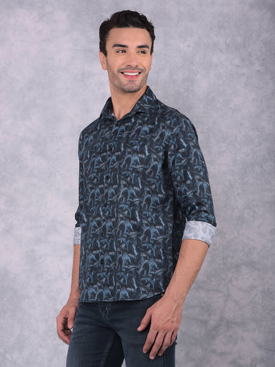 Navy Blue Floral Print Shirt-Men Shirts-Crimsoune Club