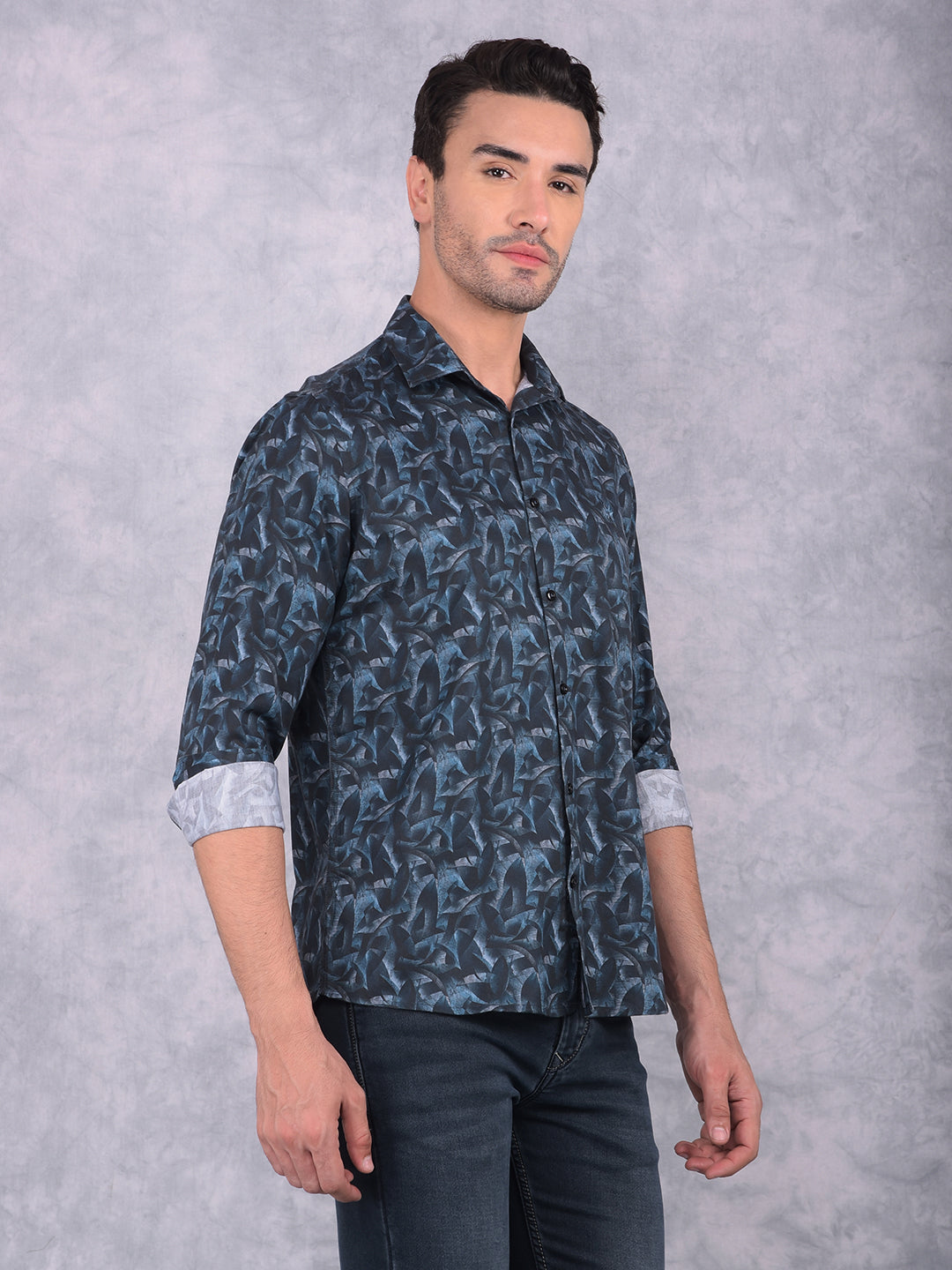 Navy Blue Floral Print Shirt-Men Shirts-Crimsoune Club