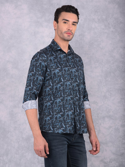 Navy Blue Floral Print Shirt-Men Shirts-Crimsoune Club