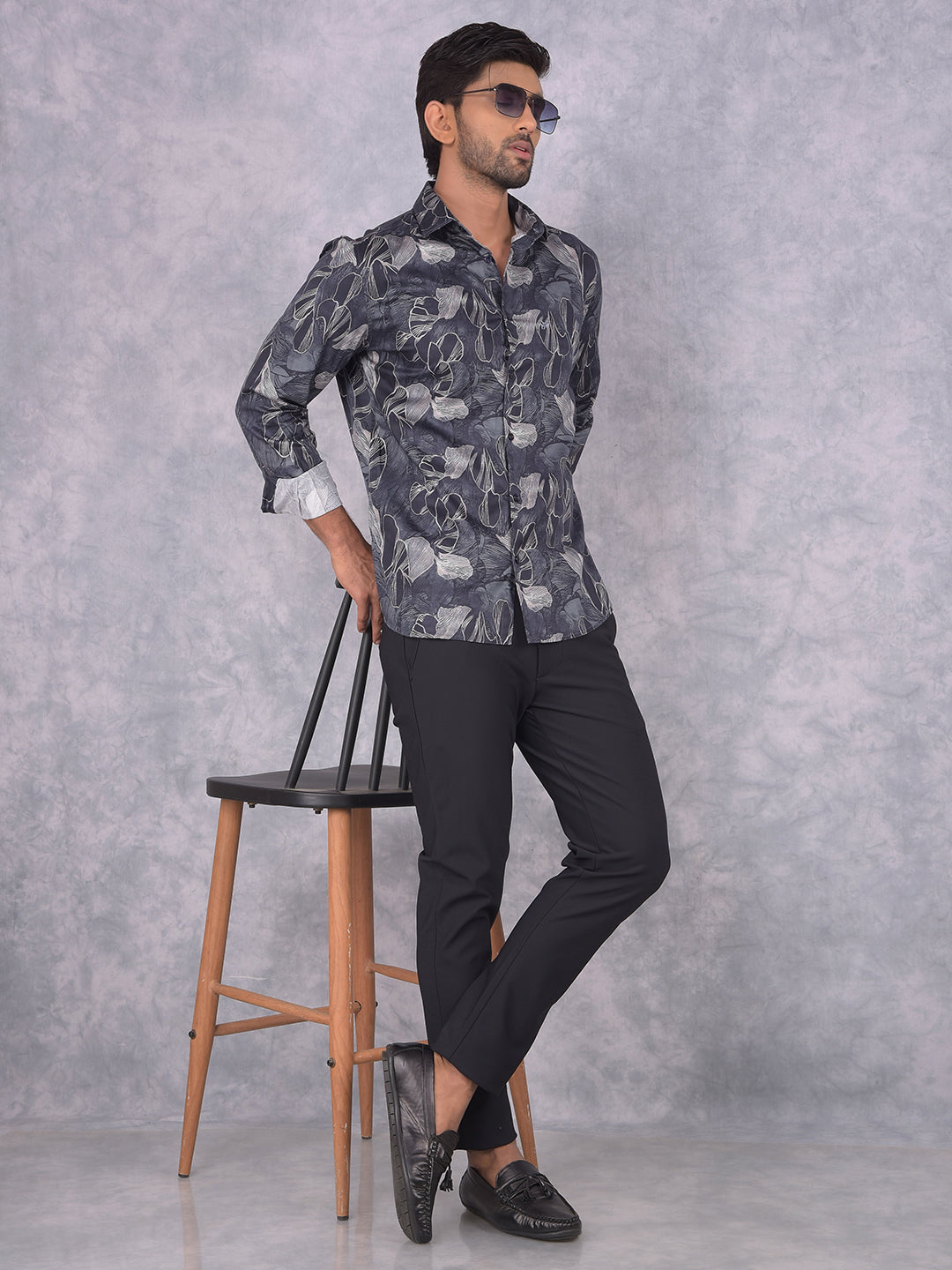 Grey Floral Print 100% Cotton Shirt-Men Shirts-Crimsoune Club