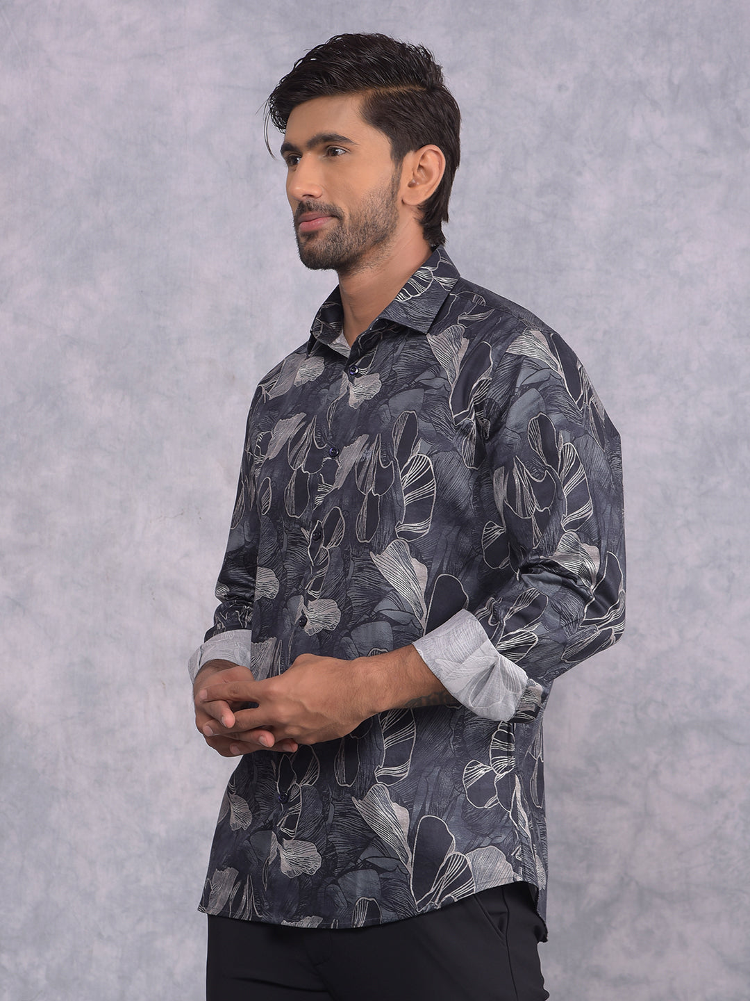 Grey Floral Print 100% Cotton Shirt-Men Shirts-Crimsoune Club