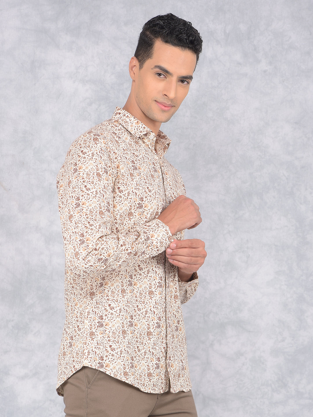 Brown Floral Print 100% Cotton Shirt-Men Shirts-Crimsoune Club