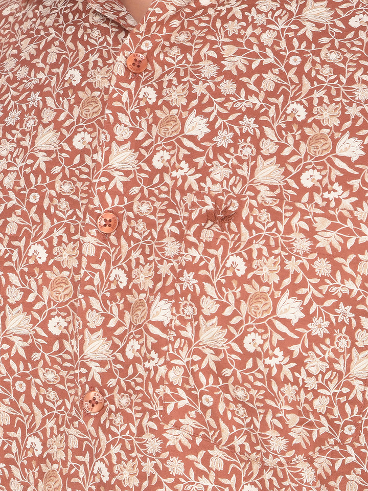 Brown Floral Print 100% Cotton Shirt-Men Shirts-Crimsoune Club