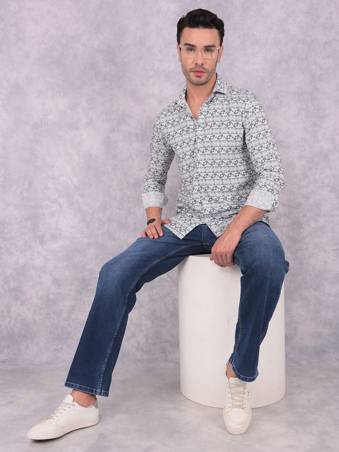 Navy Blue Printed Shirt-Men Shirts-Crimsoune Club