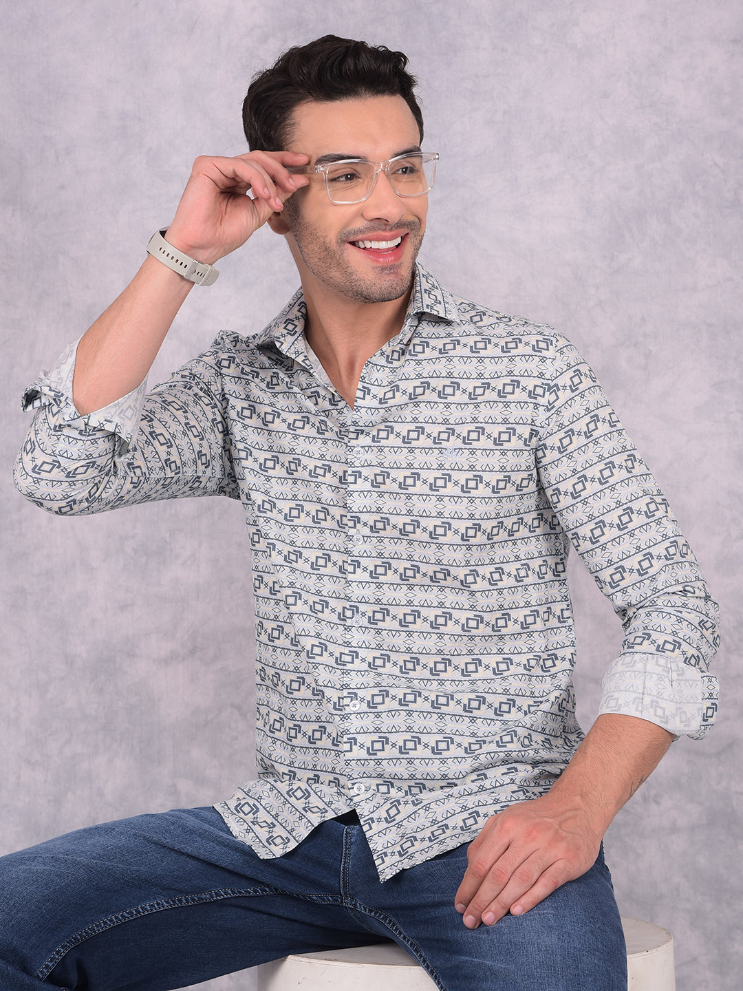 Navy Blue Printed Shirt-Men Shirts-Crimsoune Club