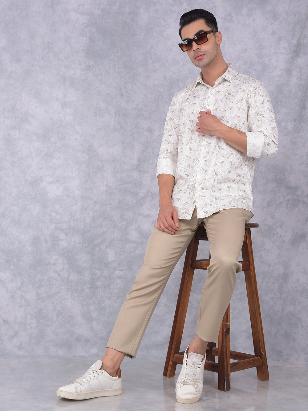 Beige Floral Print 100% Cotton Shirt-Men Shirts-Crimsoune Club