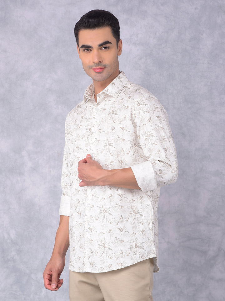 Beige Floral Print 100% Cotton Shirt-Men Shirts-Crimsoune Club