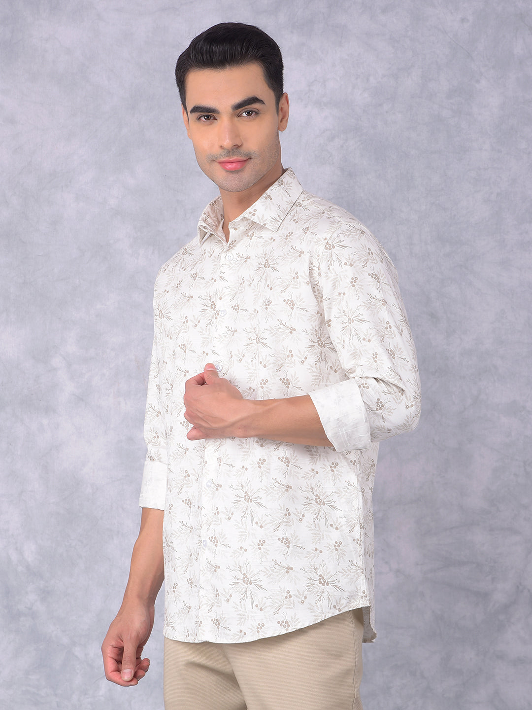 Beige Floral Print 100% Cotton Shirt-Men Shirts-Crimsoune Club