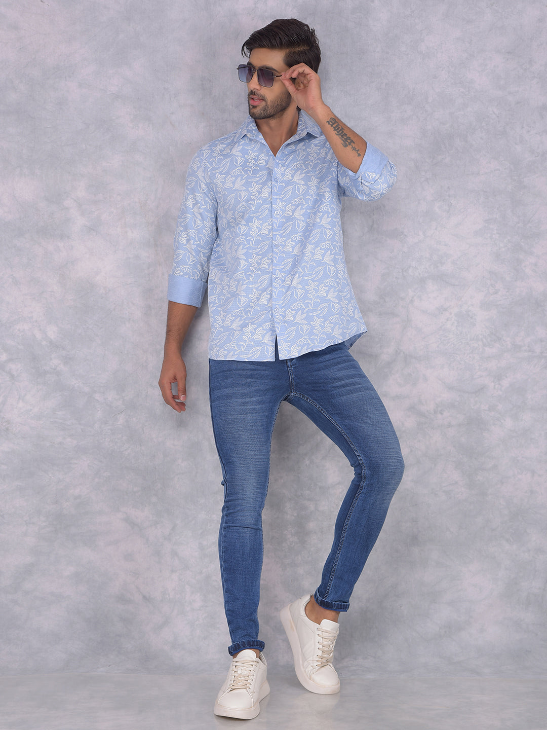 Blue Floral Print 100% Cotton Knitted Shirt-Men Shirts-Crimsoune Club