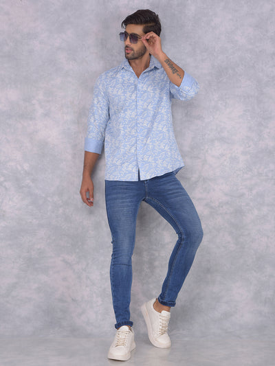 Blue Floral Print 100% Cotton Knitted Shirt-Men Shirts-Crimsoune Club
