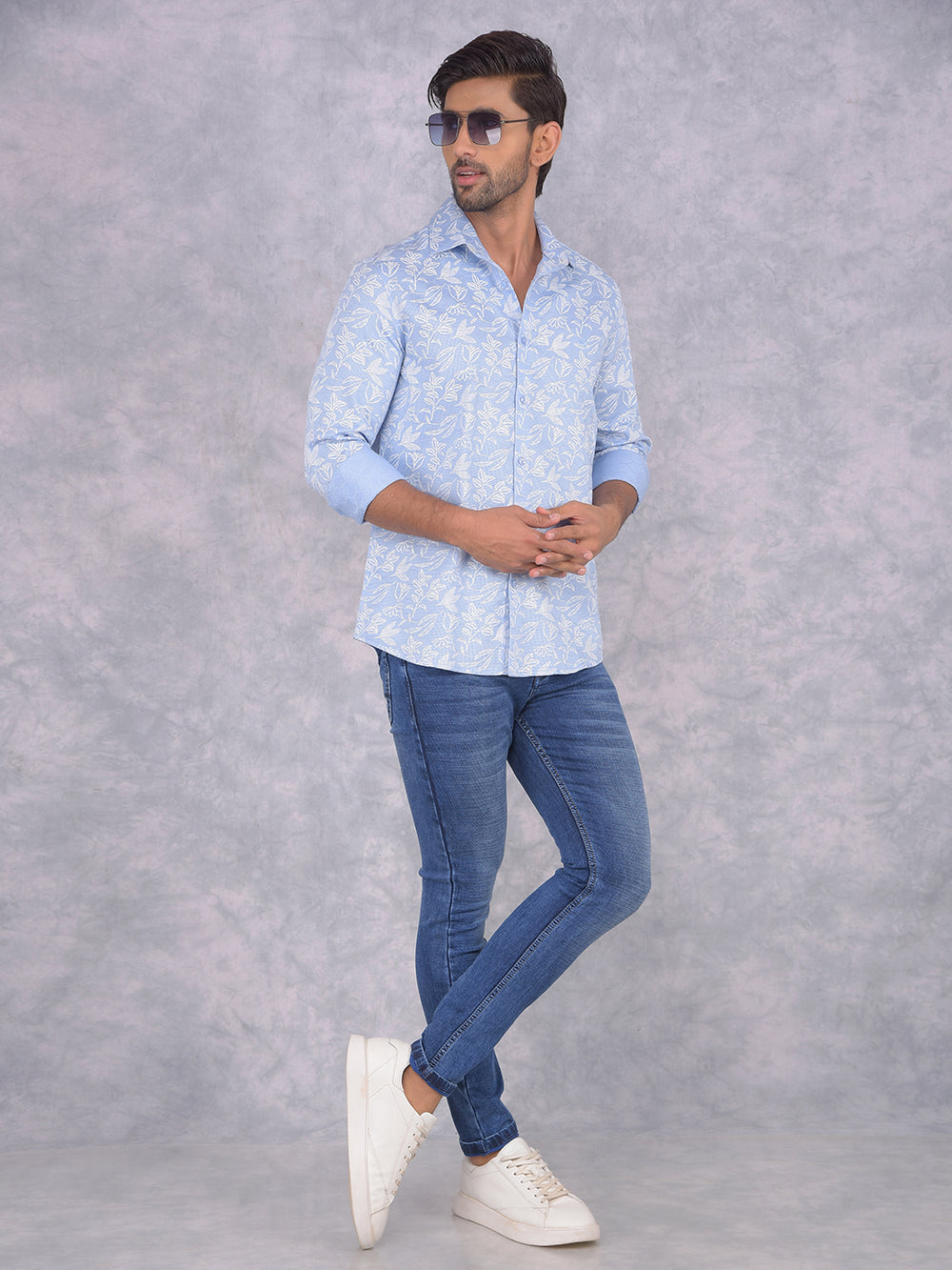 Blue Floral Print 100% Cotton Knitted Shirt-Men Shirts-Crimsoune Club