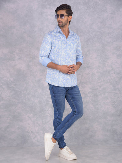 Blue Floral Print 100% Cotton Knitted Shirt-Men Shirts-Crimsoune Club