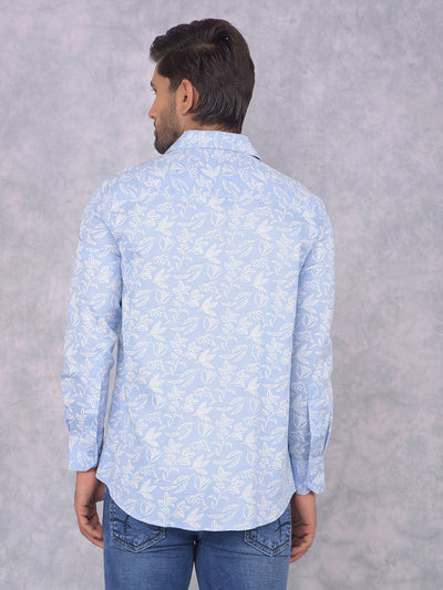 Blue Floral Print 100% Cotton Knitted Shirt-Men Shirts-Crimsoune Club