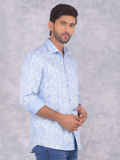 Blue Floral Print 100% Cotton Knitted Shirt-Men Shirts-Crimsoune Club
