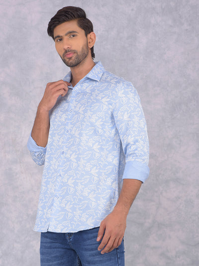 Blue Floral Print 100% Cotton Knitted Shirt-Men Shirts-Crimsoune Club