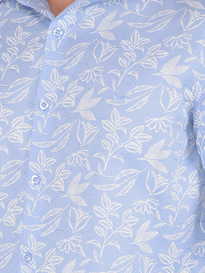 Blue Floral Print 100% Cotton Knitted Shirt-Men Shirts-Crimsoune Club