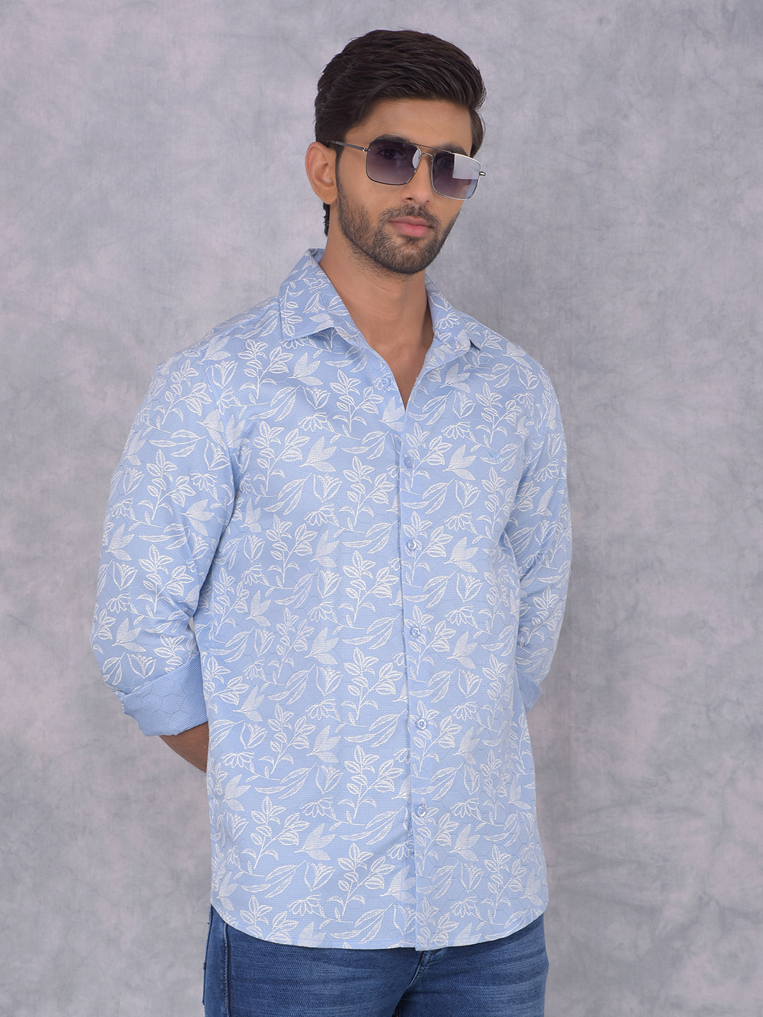 Blue Floral Print 100% Cotton Knitted Shirt-Men Shirts-Crimsoune Club