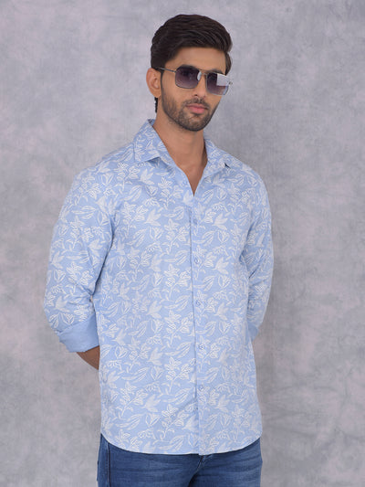 Blue Floral Print 100% Cotton Knitted Shirt-Men Shirts-Crimsoune Club