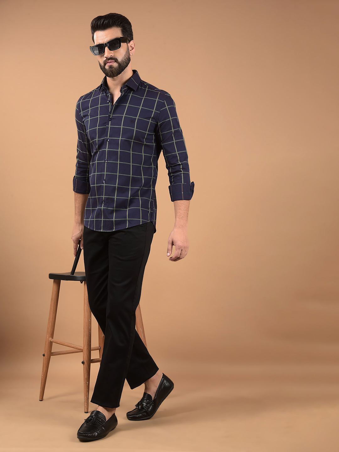 Brown Windowpane Check 100% Cotton Shirt-Men Shirts-Crimsoune Club