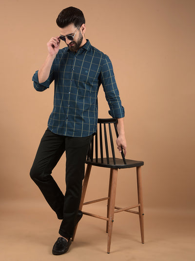 Green Windowpane Check 100% Cotton Shirt-Men Shirts-Crimsoune Club