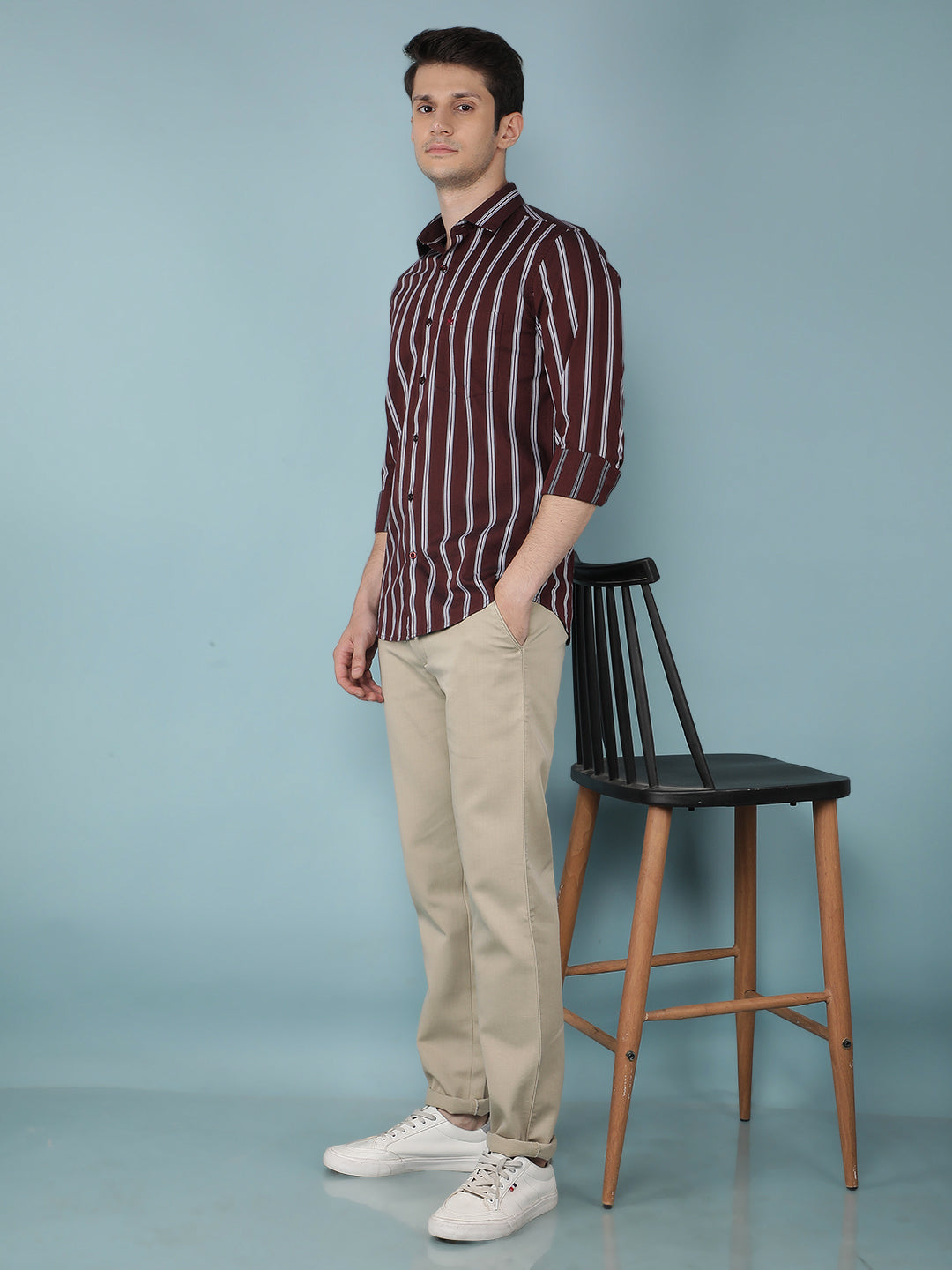 Wine Vertical Stripes 100% Cotton Shirt-Men Shirts-Crimsoune Club
