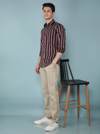 Wine Vertical Stripes 100% Cotton Shirt-Men Shirts-Crimsoune Club