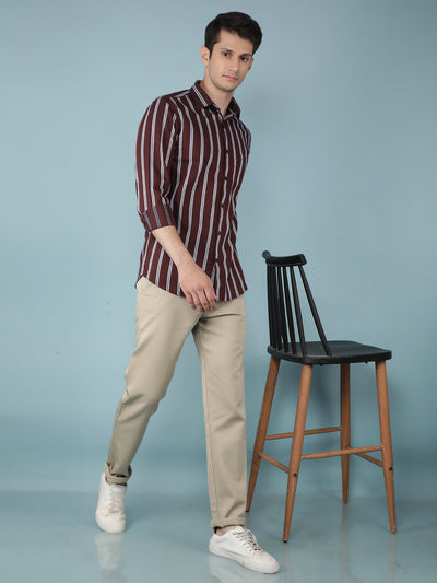 Wine Vertical Stripes 100% Cotton Shirt-Men Shirts-Crimsoune Club