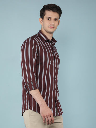 Wine Vertical Stripes 100% Cotton Shirt-Men Shirts-Crimsoune Club