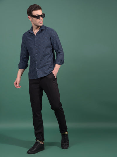 Navy Blue Printed 100% Cotton Shirt-Men Shirts-Crimsoune Club
