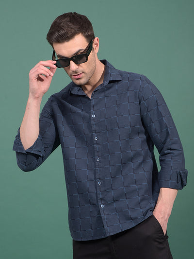 Navy Blue Printed 100% Cotton Shirt-Men Shirts-Crimsoune Club