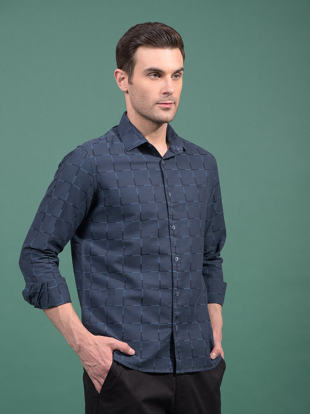 Navy Blue Printed 100% Cotton Shirt-Men Shirts-Crimsoune Club