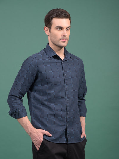 Navy Blue Printed 100% Cotton Shirt-Men Shirts-Crimsoune Club