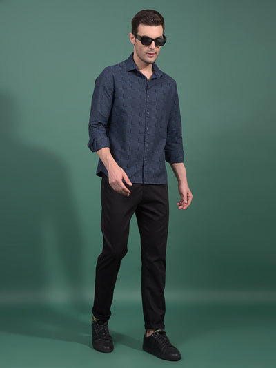 Navy Blue Printed 100% Cotton Shirt-Men Shirts-Crimsoune Club