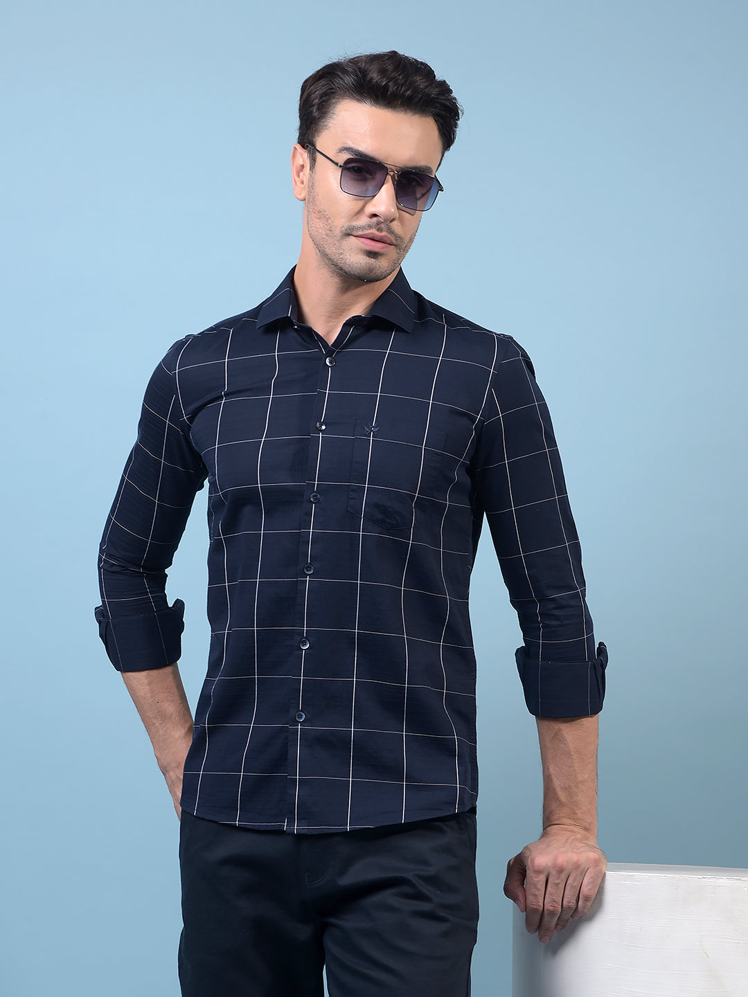 Navy Blue Checked 100% Cotton Shirt-Men Shirts-Crimsoune Club