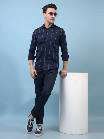 Navy Blue Checked 100% Cotton Shirt-Men Shirts-Crimsoune Club