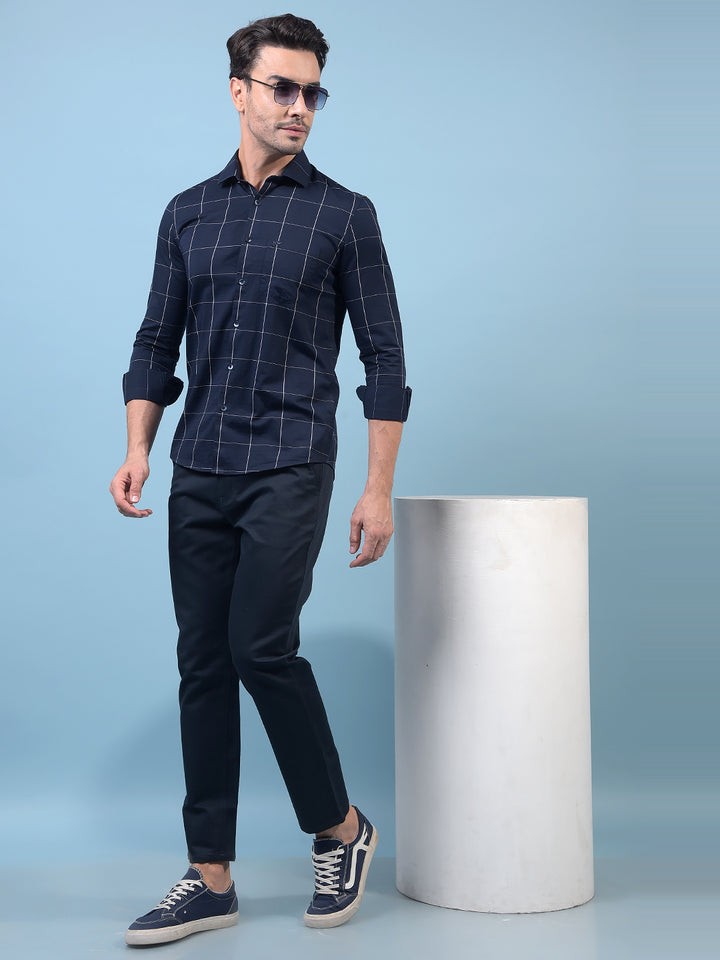 Navy Blue Checked 100% Cotton Shirt-Men Shirts-Crimsoune Club