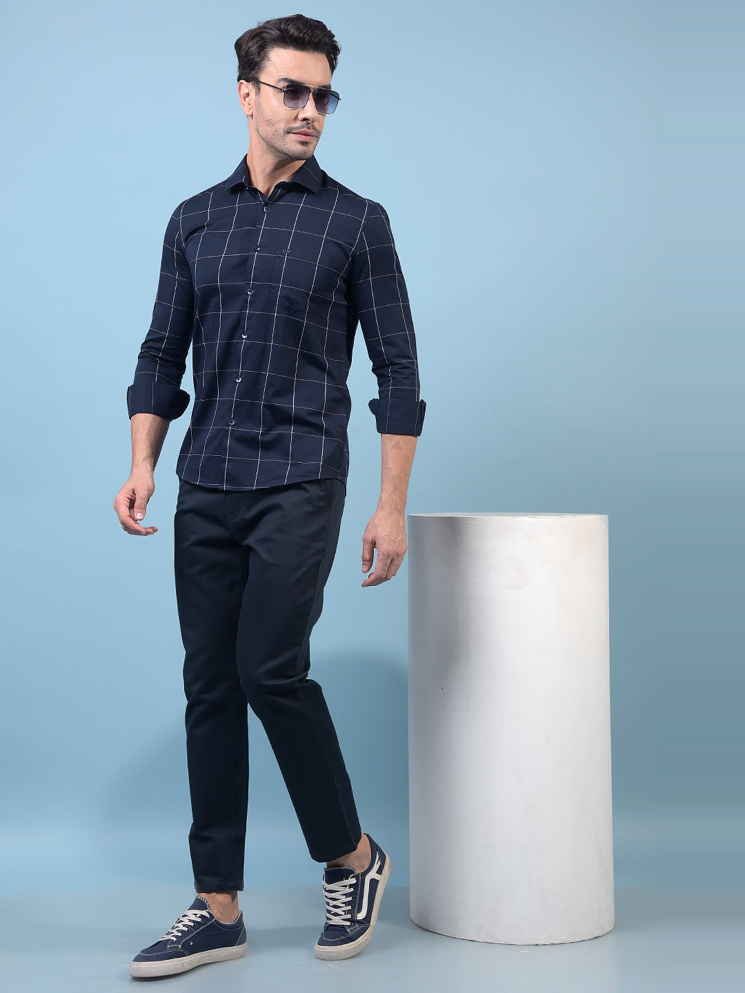 Navy Blue Checked 100% Cotton Shirt-Men Shirts-Crimsoune Club
