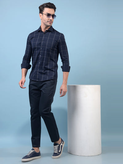 Navy Blue Checked 100% Cotton Shirt-Men Shirts-Crimsoune Club