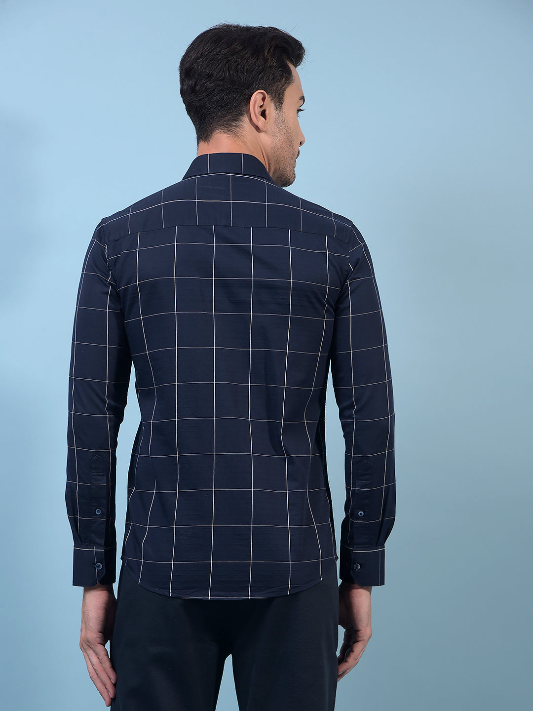 Navy Blue Checked 100% Cotton Shirt-Men Shirts-Crimsoune Club