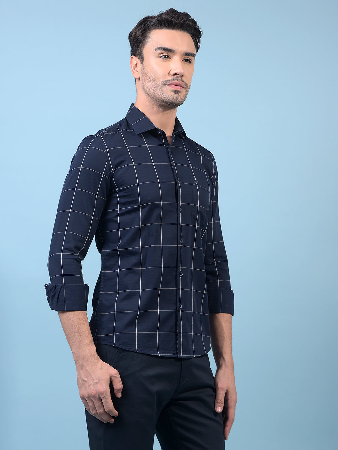 Navy Blue Checked 100% Cotton Shirt-Men Shirts-Crimsoune Club