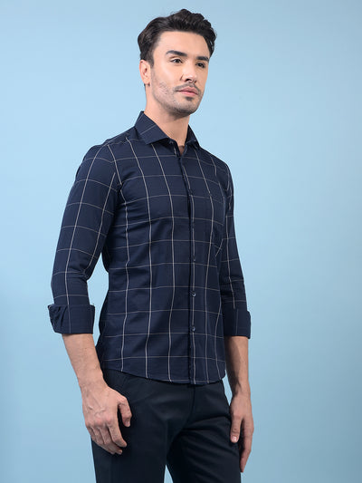 Navy Blue Checked 100% Cotton Shirt-Men Shirts-Crimsoune Club