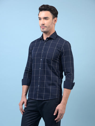 Navy Blue Checked 100% Cotton Shirt-Men Shirts-Crimsoune Club