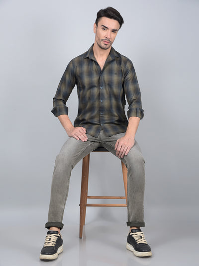Olive Checked 100% Cotton Shirt-Men Shirts-Crimsoune Club
