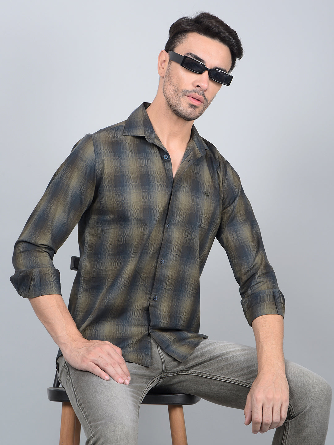 Olive Checked 100% Cotton Shirt-Men Shirts-Crimsoune Club